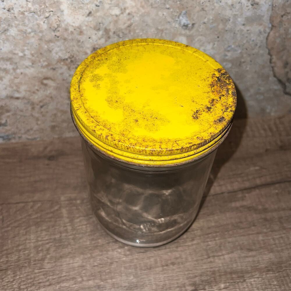 Vintage Peanut Butter Jelly Glass Jar with Yellow Metal Lid MCM Storage Decor 1